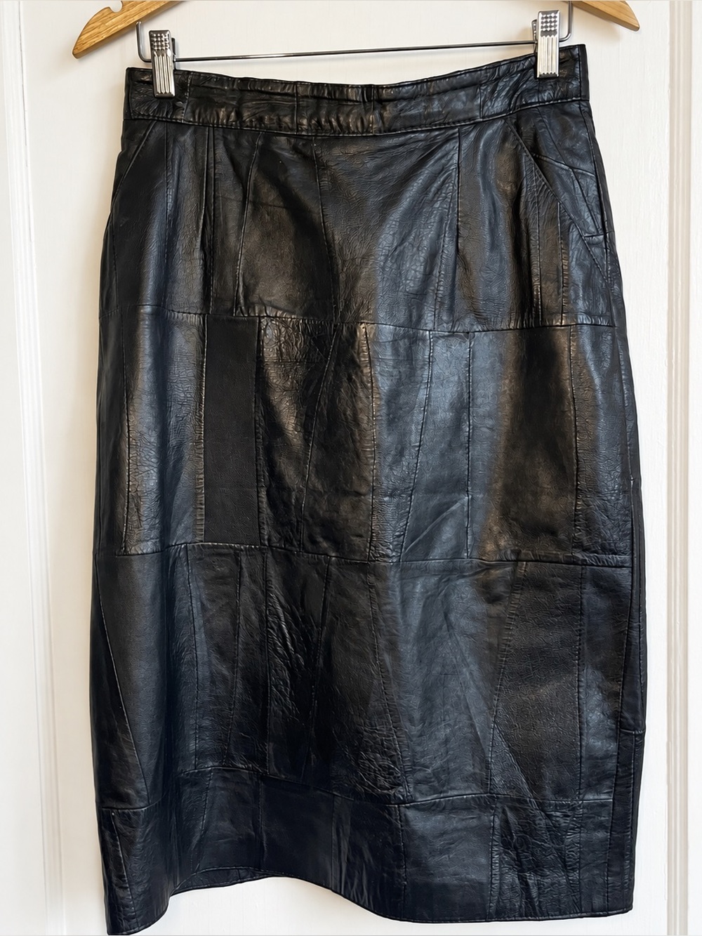 BLANKNYC Black Faux Leather Patchwork Skirt Size 12 Knee Length Y2K Biker Chic